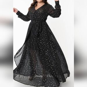 Celestial Dream Gown Black Sparkly Silver Stars Maxi Long Sleeve Sheer Gothic